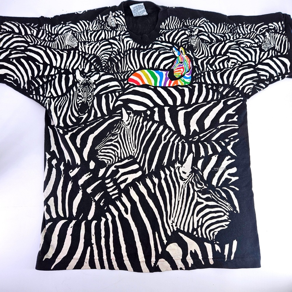 Vintage 1993 Liquid Blue‎ Greg Genrich Zebra All Over Print T-Shirt XL USA Black